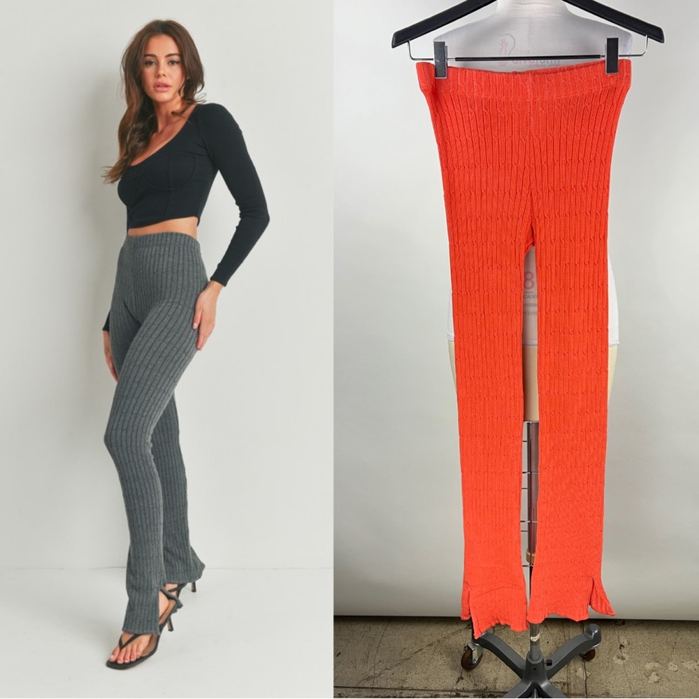 428B-ORANGE. Knit Slit Hem Leggings